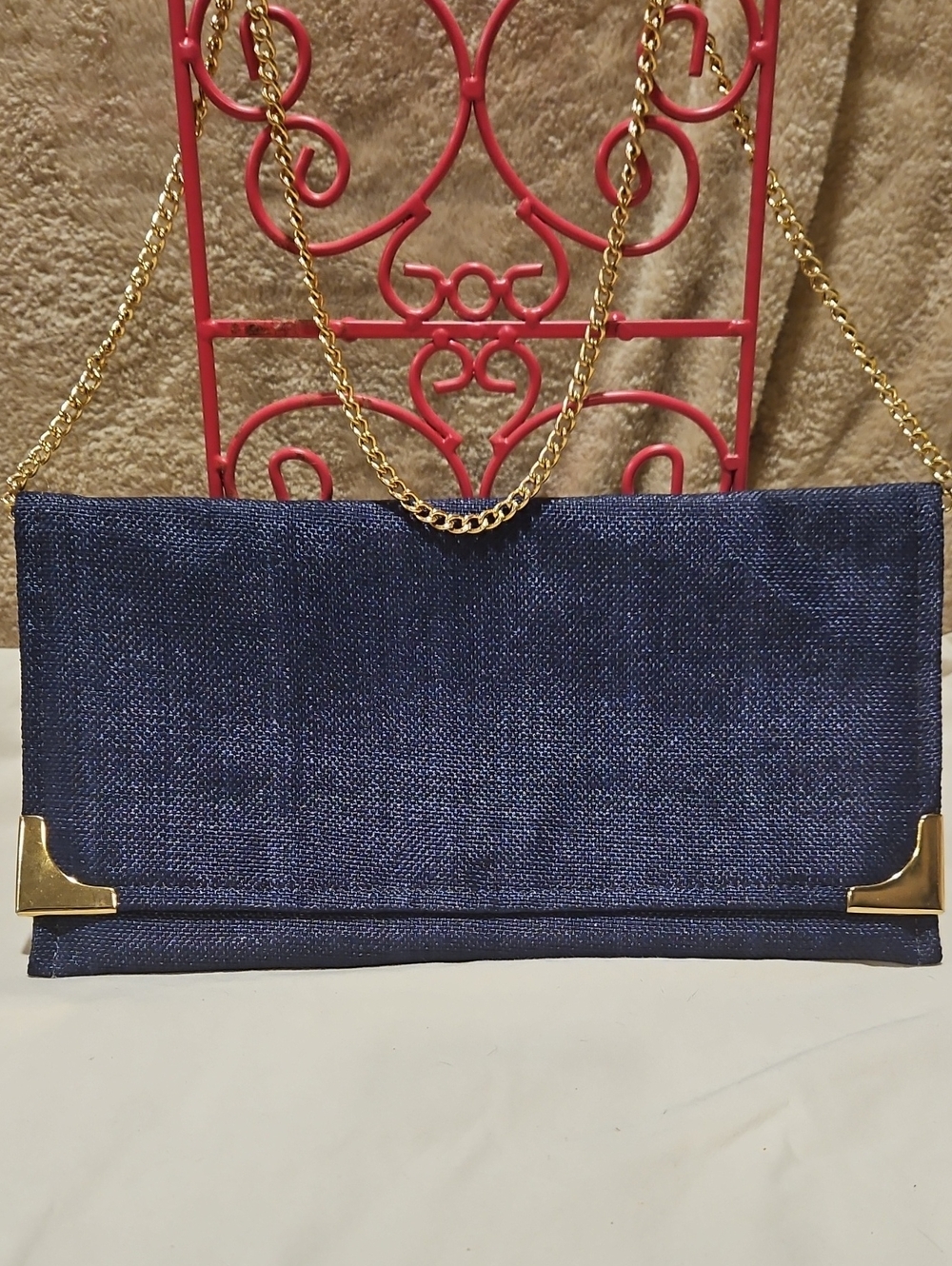 Source Unknown Navy Blue Clutch with Gold Chain and Corner Accents